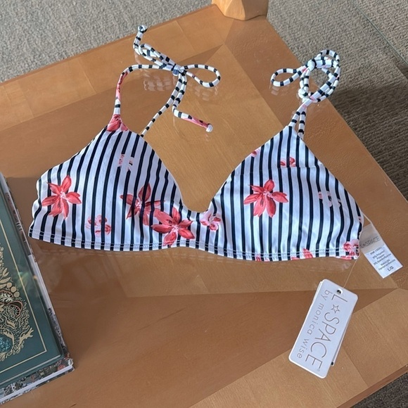 New L*Space striped White Blue Floral Bay Pullover Bikini Top Swimwear Sz L NWT - Picture 4 of 8